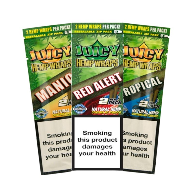 Image de "Juicy Hemp Wraps", une marque populaire d'enveloppes à base de chanvre utilisées pour rouler et déguster des produits à base d'herbes ou de tabac.