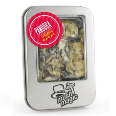Image des truffes Pandora de Mush Magic, un produit contenant des truffes magiques, mettant l'accent sur l'emballage et son potentiel d'expérience psychédélique.