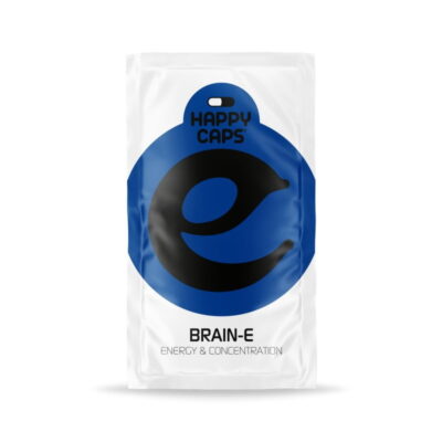 Image des gélules Brain-E de Happy Caps, un produit connu pour ses effets potentiels d'amélioration cognitive et de stimulation de l'humeur.