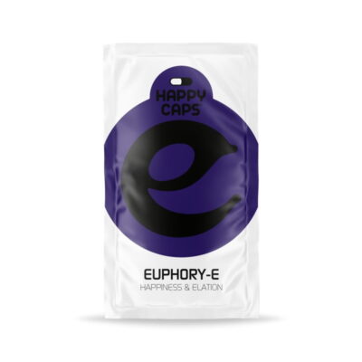 Image des gélules Euphor-E de Happy Caps, un produit souvent associé à l'amélioration de l'humeur et à des effets euphoriques potentiels.
