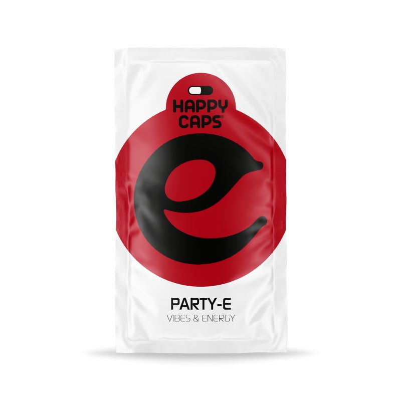 Image des gélules Happy Caps de Party E, un produit souvent associé à l'amélioration de l'humeur et à des effets cognitifs potentiels, couramment utilisé dans des contextes sociaux.