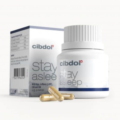 Image des gélules Stay Asleep de Cibdol, un complément alimentaire conçu pour favoriser un sommeil réparateur, contenant du CBD et d'autres ingrédients naturels.