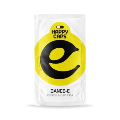 Image montrant le Dance E de Happy Caps, un produit généralement associé à l'amélioration de l'humeur et à des effets cognitifs potentiels, souvent utilisé pour la danse et les activités sociales.