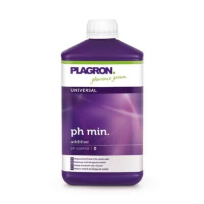 Une image de PH Min de Plagron, un produit de régulation du pH pour les plantes, mettant en évidence l'emballage et son rôle dans le maintien de niveaux de pH optimaux pour une croissance saine des plantes.
