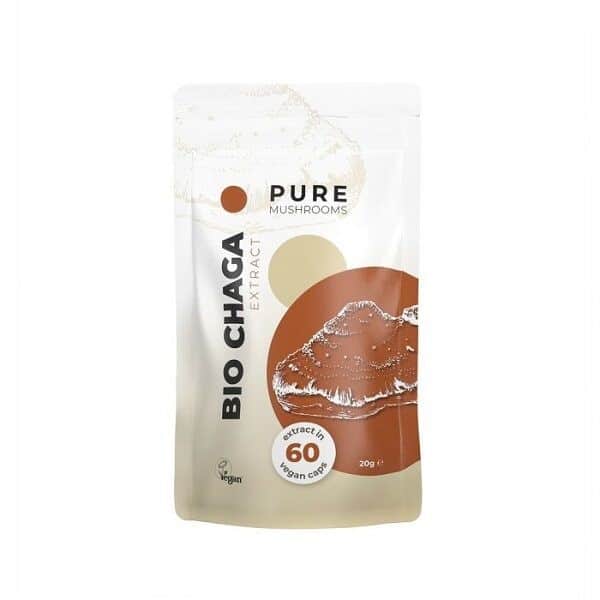 Image des suppléments Chaga de Pure Mushrooms, avec un contenant de produit muni d'une étiquette indiquant qu'il s'agit d'un complément alimentaire naturel et bénéfique dérivé des champignons Chaga.