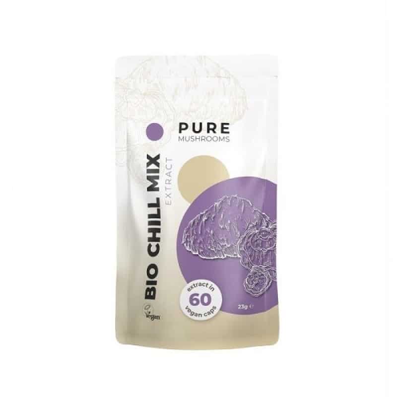 Image de gélules d'extrait de champignon (Chill Mix) de Pure Mushrooms, montrant un emballage avec une étiquette, proposant un complément alimentaire contenant un mélange d'extraits de champignons pour la relaxation.