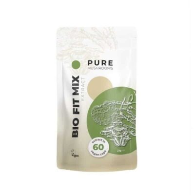 Image des gélules de champignons médicinaux (Fit Mix) de Pure Mushrooms, montrant un emballage avec une étiquette, symbolisant un complément alimentaire axé sur la santé contenant un mélange de champignons médicinaux.